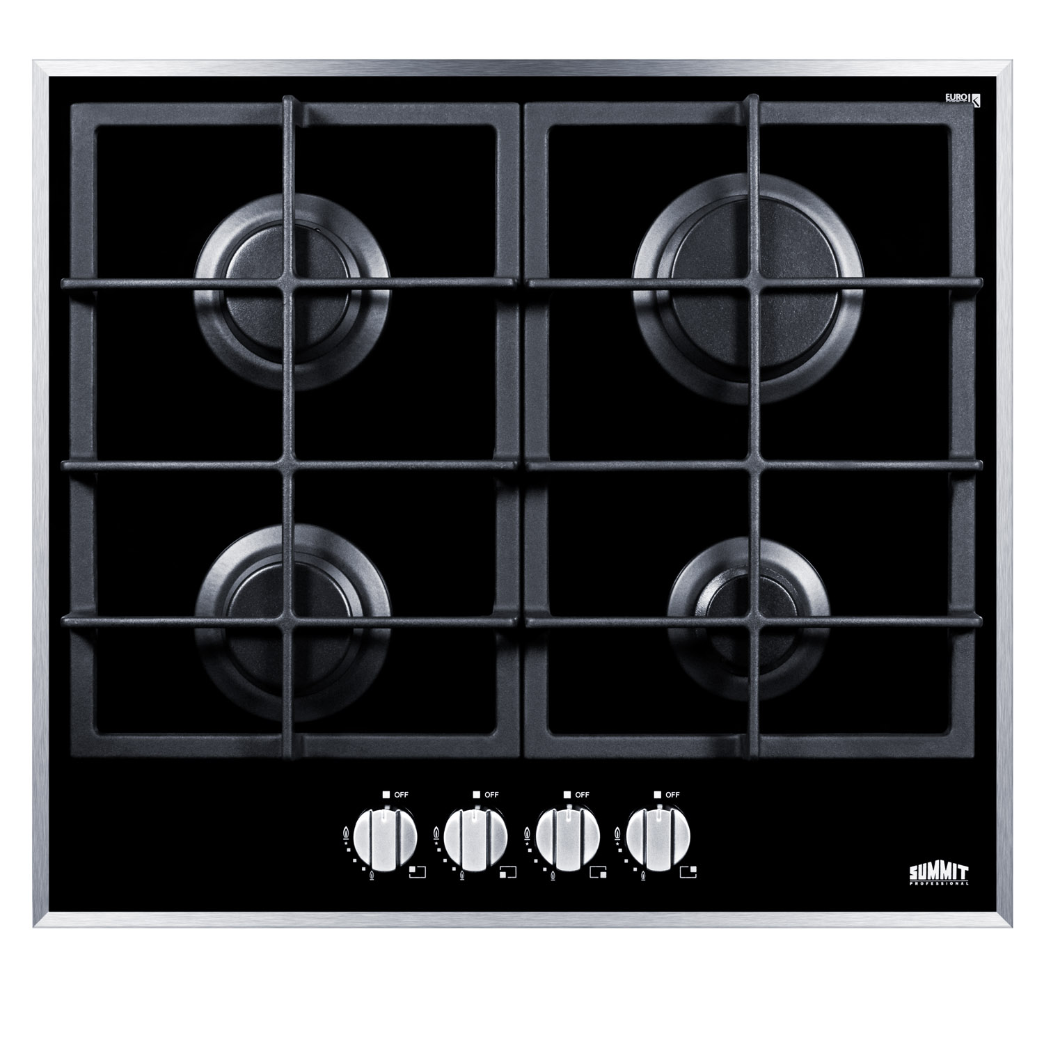 4-burner gas-on-glass cooktop with sealed burners and cast iron grates